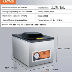 Vakuumpakkere>Chamber Vacuum Sealer, 260W Effekt, 10,2 tommer Forseglingslængde, -100KPa Vakuum,DZ-260S