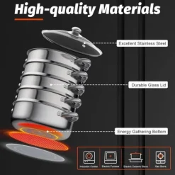 Madlavningsmaskiner>Dampkogepande, 30 cm Diameter, 5 Lag, Rustfrit Stål, Kompatibel med Induktions- og Gasblus, Tåler Opvaskemaskine
