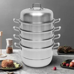 Madlavningsmaskiner>Dampkoger, 304 rustfrit stål, 5 lag, 9L kapacitet, 32,5 cm diameter, 4,5 kg brutto vægt