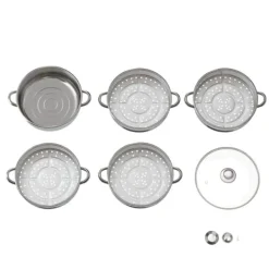 Madlavningsmaskiner>Dampkoger i rustfrit stål, 5 lag Ø30 cm, glaslåg, varmeisolerede håndtag