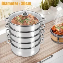 Madlavningsmaskiner>Dampkoger i rustfrit stål, 5 lag Ø30 cm, glaslåg, varmeisolerede håndtag
