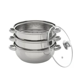 Madlavningsmaskiner>Dampkoger-sæt i rustfrit stål, 3 lag, 28 cm gryde, stabelbar, glaslåg, sølv