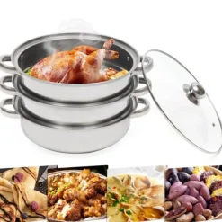 Madlavningsmaskiner>Dampkoger-sæt i rustfrit stål, 3 lag, 28 cm gryde, stabelbar, glaslåg, sølv