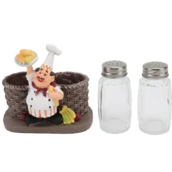 Salt- & Peberstrøere>Dekorativ kokkefigurholder med 2 glassauceflasker