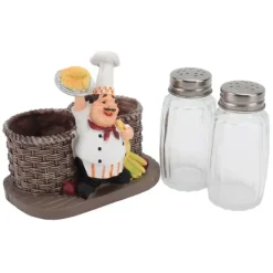 Salt- & Peberstrøere>Dekorativ kokkefigurholder med 2 glassauceflasker