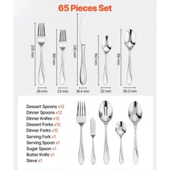 65-dele sølvtøjssæt, rustfrit stål bestik, komplet redskaber til 12 personer, høj kvalitet, holdbart Online