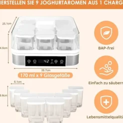 Digital Yoghurtmaskine, 9 Portionsglas, Temperatur- og Tidskontrol Hot