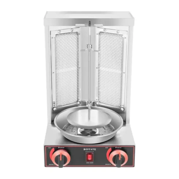 Döner Kebab/Shawarma Grill - Vertikal Gasgrill - Automatisk Rotation - 2 Brændere - Drejeknap-styring - Professionel - Sølv Sale