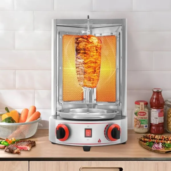 Döner Kebab/Shawarma Grill - Vertikal Gasgrill - Automatisk Rotation - 2 Brændere - Drejeknap-styring - Professionel - Sølv Sale