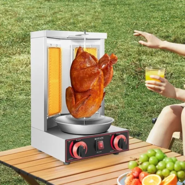 Döner Kebab/Shawarma Grill - Vertikal Gasgrill - Automatisk Rotation - 2 Brændere - Drejeknap-styring - Professionel - Sølv Sale