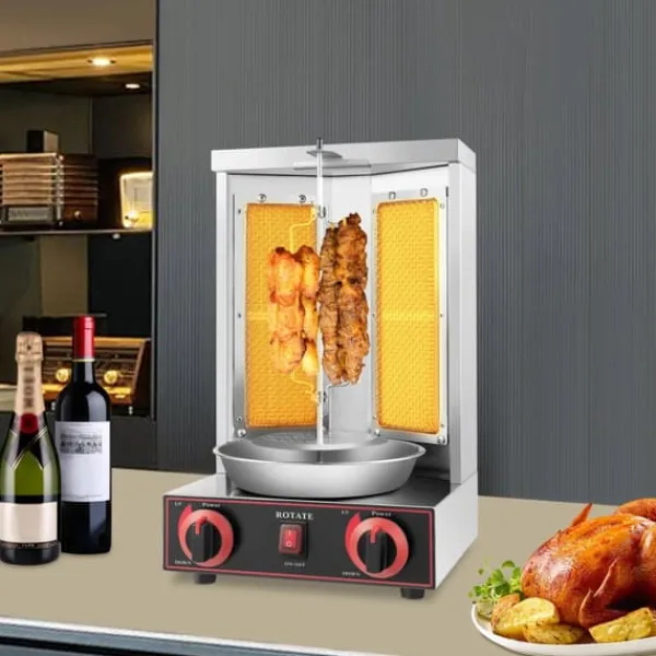Döner Kebab/Shawarma Grill - Vertikal Gasgrill - Automatisk Rotation - 2 Brændere - Drejeknap-styring - Professionel - Sølv Sale