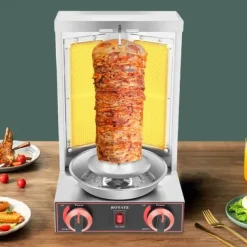 Döner Kebab/Shawarma Grill - Vertikal Gasgrill - Automatisk Rotation - 2 Brændere - Drejeknap-styring - Professionel - Sølv Sale