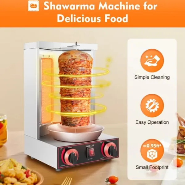 Döner Kebab/Shawarma Grill - Vertikal Gasgrill - Automatisk Rotation - 2 Brændere - Drejeknap-styring - Professionel - Sølv Sale