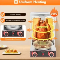 Döner Kebab/Shawarma Grill - Vertikal Gasgrill - Automatisk Rotation - 2 Brændere - Drejeknap-styring - Professionel - Sølv Sale
