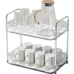 Dobbeltlags hvid kop tørrestativ med afløbsbakke - bordplade opbevaringshylde til hjemmekøkken Online