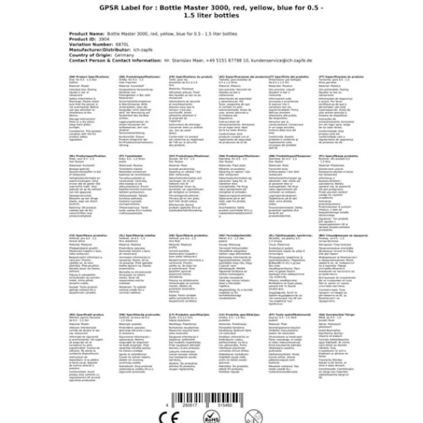 Flaskepropper>Dosering Bottle Master 3000 rød, gul, blå for 0,5 - 1,5 liter flasker, tud 2 cl, Farveflaske Master 3000:blå