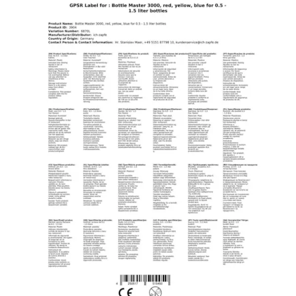 Flaskepropper>Dosering Bottle Master 3000 rød, gul, blå for 0,5 - 1,5 liter flasker, tud 2 cl, Farveflaske Master 3000:blå