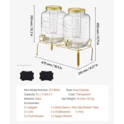 Drikkedispenser 8L, Glasdispenser til Fester, med Stativ, 2 Stykker Pakke Online
