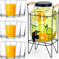 Drikkevareautomater>Drikkekrukke med hane og stativ, sort, 4,2 l + 12 glas, 200 ml