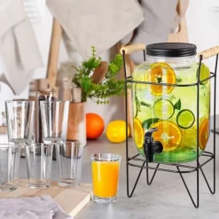 Drikkevareautomater>Drikkekrukke med hane og stativ, sort, 4,2 l + 12 glas, 200 ml