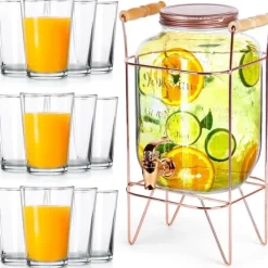 Drikkevareautomater>Drikkekrukke med hane og guldfod 4,2 l + 12 glas 200 ml