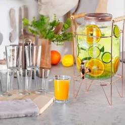 Drikkevareautomater>Drikkekrukke med hane og guldfod 4,2 l + 12 glas 200 ml