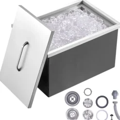 Isspande & Kølere>Drop-in iskeholder i rustfrit stål, 22"L x 17"B x 12"H, 40 qt kommerciel isbar til udendørs brug med afløb og prop. Ideel til vin og øl.