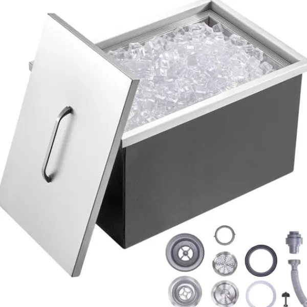 Isspande & Kølere>Drop-in iskeholder i rustfrit stål, 22"L x 17"B x 12"H, 40 qt kommerciel isbar til udendørs brug med afløb og prop. Ideel til vin og øl.