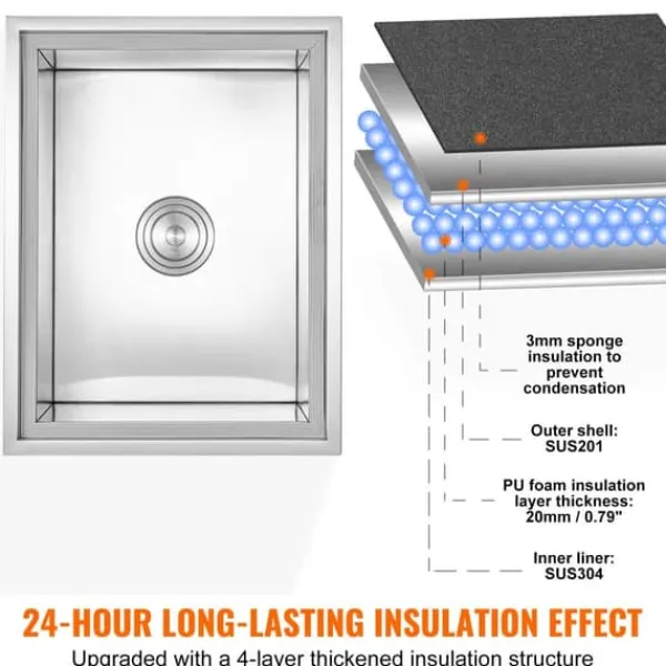 Isspande & Kølere>Drop-in iskeholder i rustfrit stål, 22"L x 17"B x 12"H, 40 qt kommerciel isbar til udendørs brug med afløb og prop. Ideel til vin og øl.