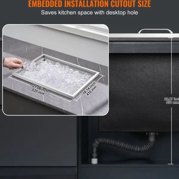 Isspande & Kølere>Drop-in iskeholder i rustfrit stål, 22"L x 17"B x 12"H, 40 qt kommerciel isbar til udendørs brug med afløb og prop. Ideel til vin og øl.