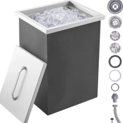 Isspande & Kølere>Drop-in isokiste, 14"L x 12"B x 18"H i rustfrit stål, kommerciel isbeholder med låg. Inkluderer afløb til kolde drikke.