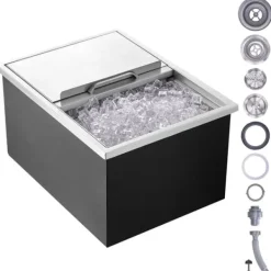 Isspande & Kølere>Drop-in-iskiste i rustfrit stål, 24"L x 18"B x 13"H, kommerciel isbeholder med skydedæksel, inkl. afløbsrør til kolde drikke.