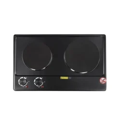 Bordkomfur>Elektrisk bordkomfur - Dobbelt kogeplade - 2500 W - 2 zoner - Drejeknap, 6 trin - 100–250 °C - EU-stik 220 V - Sort