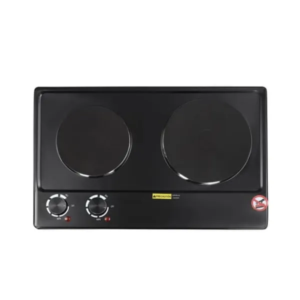 Bordkomfur>Elektrisk bordkomfur - Dobbelt kogeplade - 2500 W - 2 zoner - Drejeknap, 6 trin - 100–250 °C - EU-stik 220 V - Sort