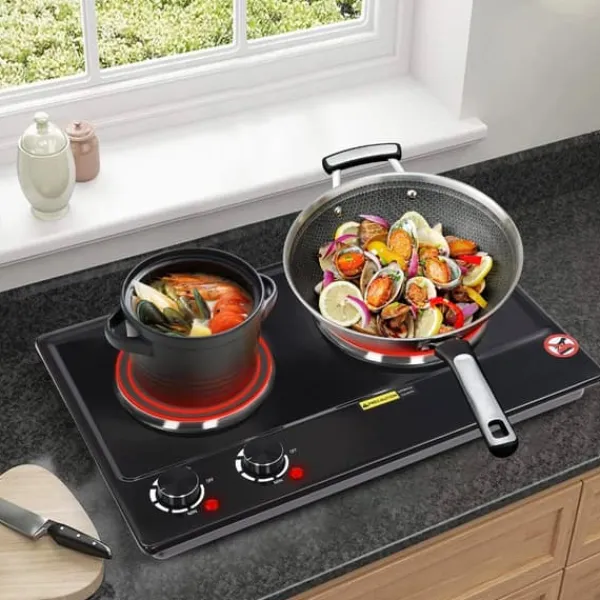 Bordkomfur>Elektrisk bordkomfur - Dobbelt kogeplade - 2500 W - 2 zoner - Drejeknap, 6 trin - 100–250 °C - EU-stik 220 V - Sort