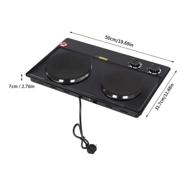 Bordkomfur>Elektrisk bordkomfur - Dobbelt kogeplade - 2500 W - 2 zoner - Drejeknap, 6 trin - 100–250 °C - EU-stik 220 V - Sort