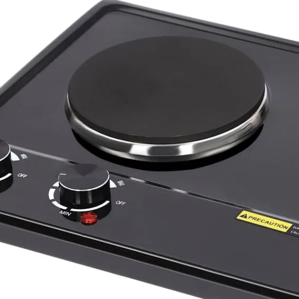 Bordkomfur>Elektrisk bordkomfur - Dobbelt kogeplade - 2500 W - 2 zoner - Drejeknap, 6 trin - 100–250 °C - EU-stik 220 V - Sort