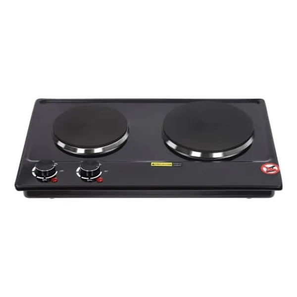 Bordkomfur>Elektrisk bordkomfur - Dobbelt kogeplade - 2500 W - 2 zoner - Drejeknap, 6 trin - 100–250 °C - EU-stik 220 V - Sort