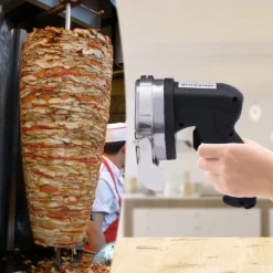 Elektrisk kebabskærer - Håndholdt gyroskniv - 80 W - Justerbar skæretykkelse - Rustfrit stålblad - Med sliber - Rød Outlet