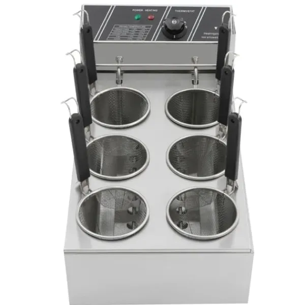 Madlavningsmaskiner>Elektrisk nudelkoger - 6-huls - 2000 W - 20 L - Termostat 60–200 °C - EU-stik - Rustfrit stål - Sølv