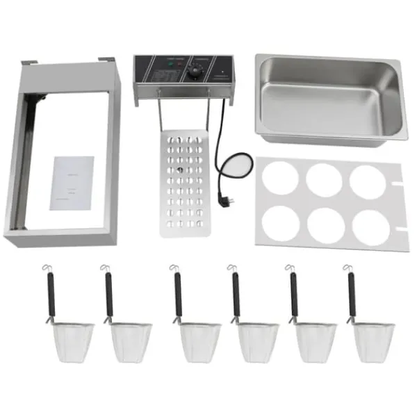 Madlavningsmaskiner>Elektrisk nudelkoger - 6-huls - 2000 W - 20 L - Termostat 60–200 °C - EU-stik - Rustfrit stål - Sølv