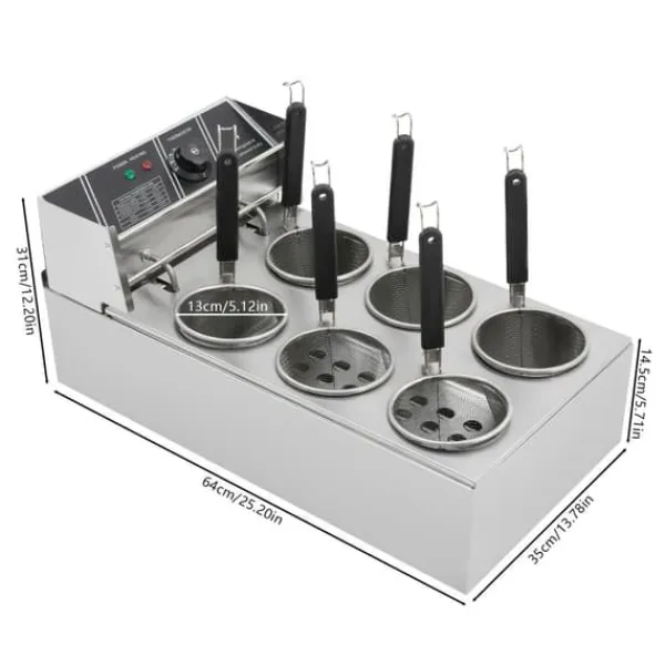 Madlavningsmaskiner>Elektrisk nudelkoger - 6-huls - 2000 W - 20 L - Termostat 60–200 °C - EU-stik - Rustfrit stål - Sølv