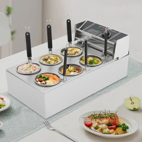 Madlavningsmaskiner>Elektrisk nudelkoger - 6-huls - 2000 W - 20 L - Termostat 60–200 °C - EU-stik - Rustfrit stål - Sølv