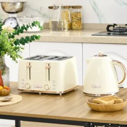 Elkedel & brødrister sæt, 1,7 L, 4 skiver, 7 indstillinger, optøning/opvarmning, auto-sluk, beige Clearance