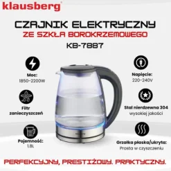 Elkedel med temperaturkontrol, glas, 1,8L, KLAUSBERG KB-7887 Discount