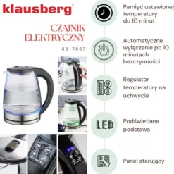 Elkedel med temperaturkontrol, glas, 1,8L, KLAUSBERG KB-7887 Discount