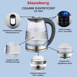 Elkedel med temperaturkontrol, glas, 1,8L, KLAUSBERG KB-7887 Discount