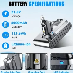 Støvsugertilbehør>Erstatningsbatteri til Dyson V6, 6000 mAh (6.0Ah), kompatibel med V6 Animal/DC58/DC62/SV03/SV05/SV06, lysegrå, genopladeligt