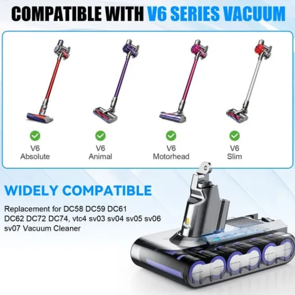 Støvsugertilbehør>Erstatningsbatteri til Dyson V6, 6000 mAh (6.0Ah), kompatibel med V6 Animal/DC58/DC62/SV03/SV05/SV06, lysegrå, genopladeligt