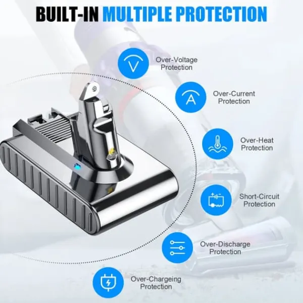 Støvsugertilbehør>Erstatningsbatteri til Dyson V6, 6000 mAh (6.0Ah), kompatibel med V6 Animal/DC58/DC62/SV03/SV05/SV06, lysegrå, genopladeligt